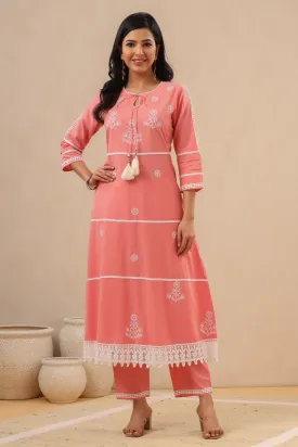 Women Pink Cambric Embroidered Kurta Set