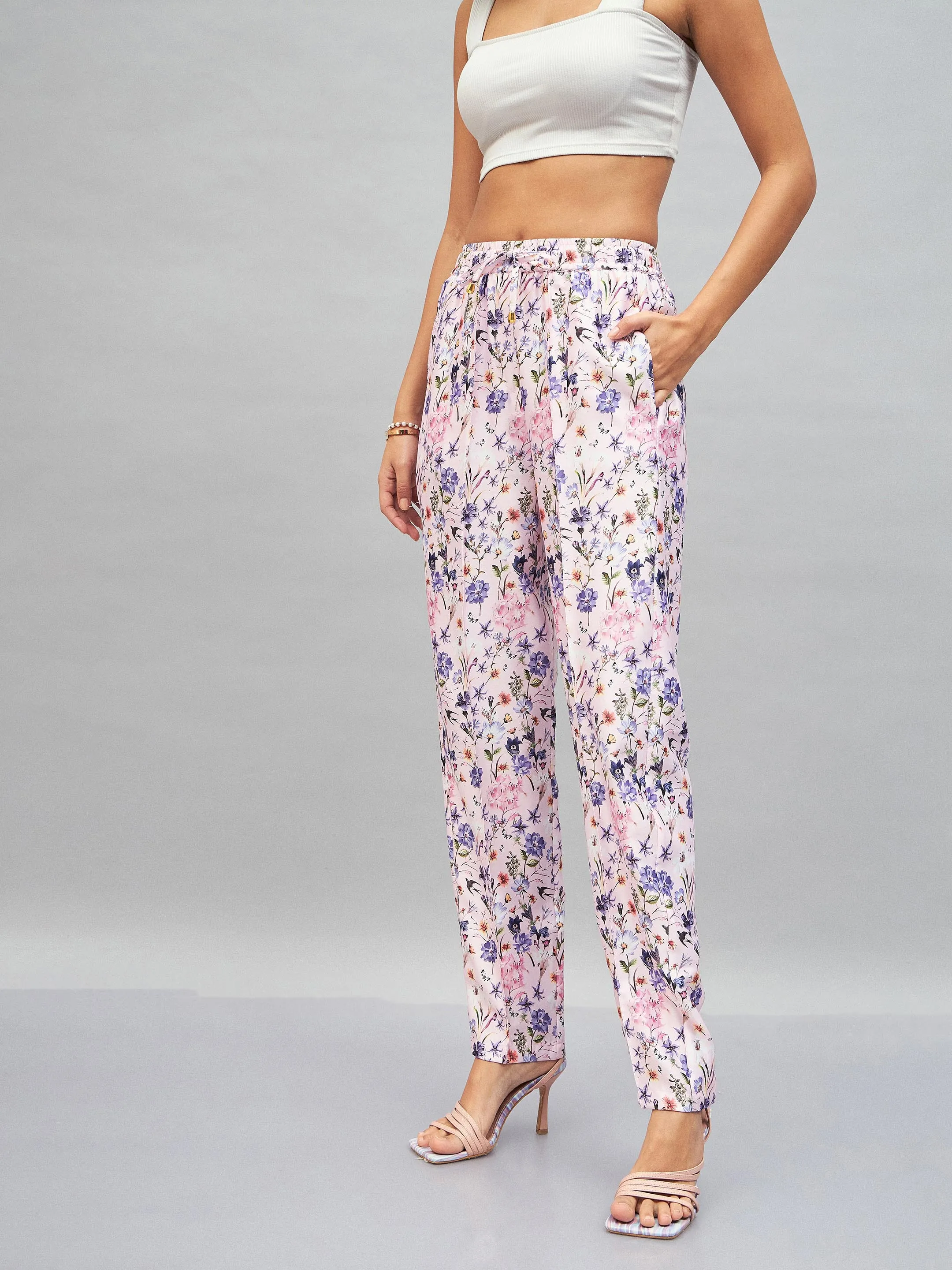 Women Pink Satin Floral Darted Pants