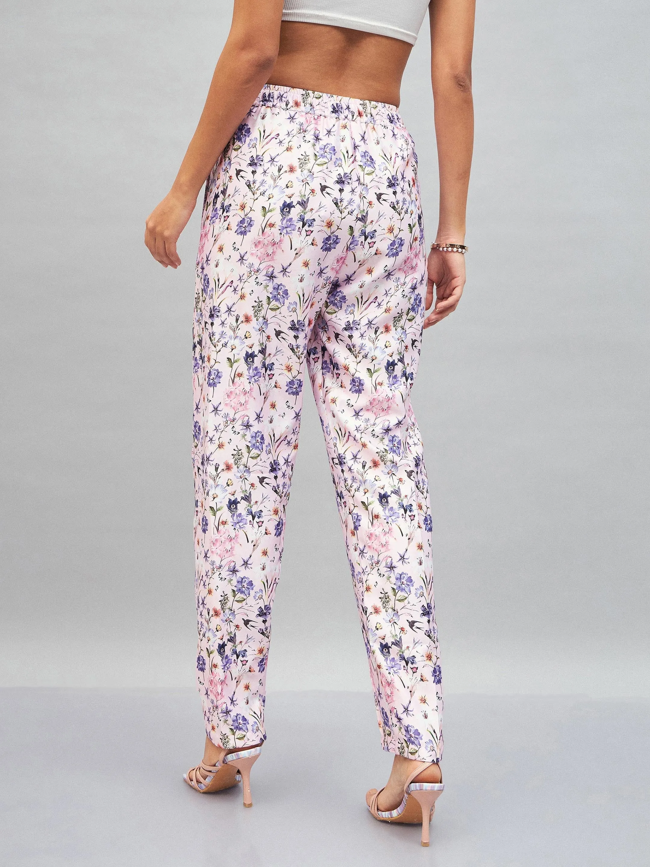 Women Pink Satin Floral Darted Pants