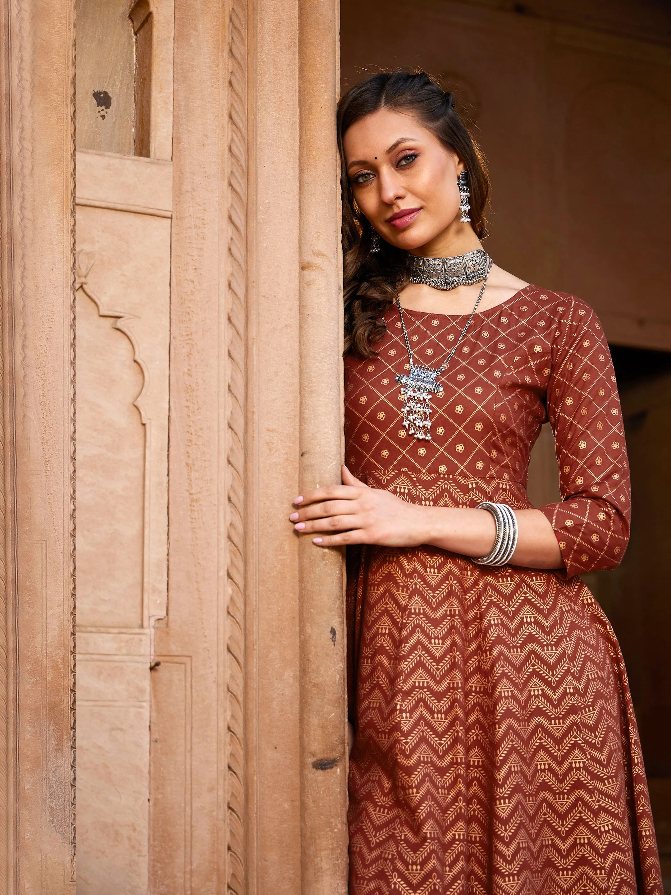 Women Rust Chevron Foil Anarkali Kurta With Pants