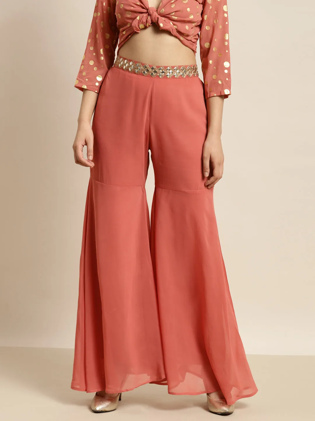 Women Rust Embroidered Waist Flared Sharara Pants