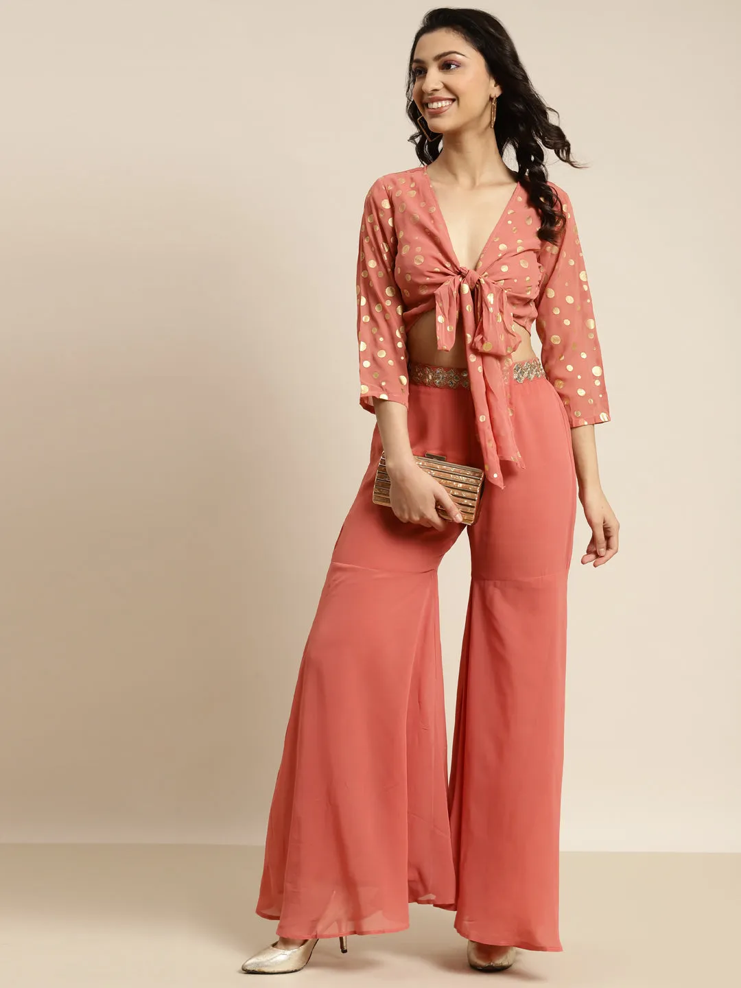 Women Rust Embroidered Waist Flared Sharara Pants