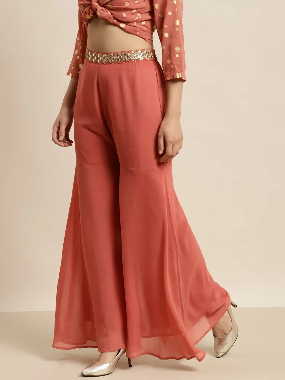 Women Rust Embroidered Waist Flared Sharara Pants