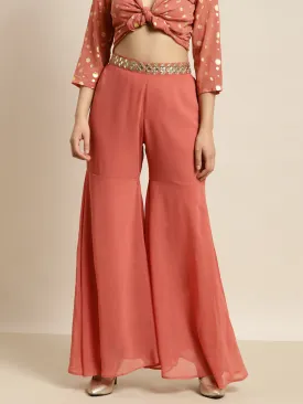 Women Rust Embroidered Waist Flared Sharara Pants