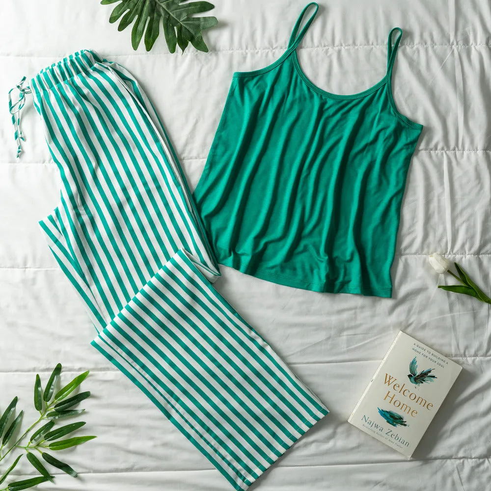 Women summer pajama set Green top   Green striped Pants