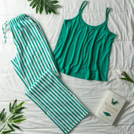 Women summer pajama set Green top   Green striped Pants