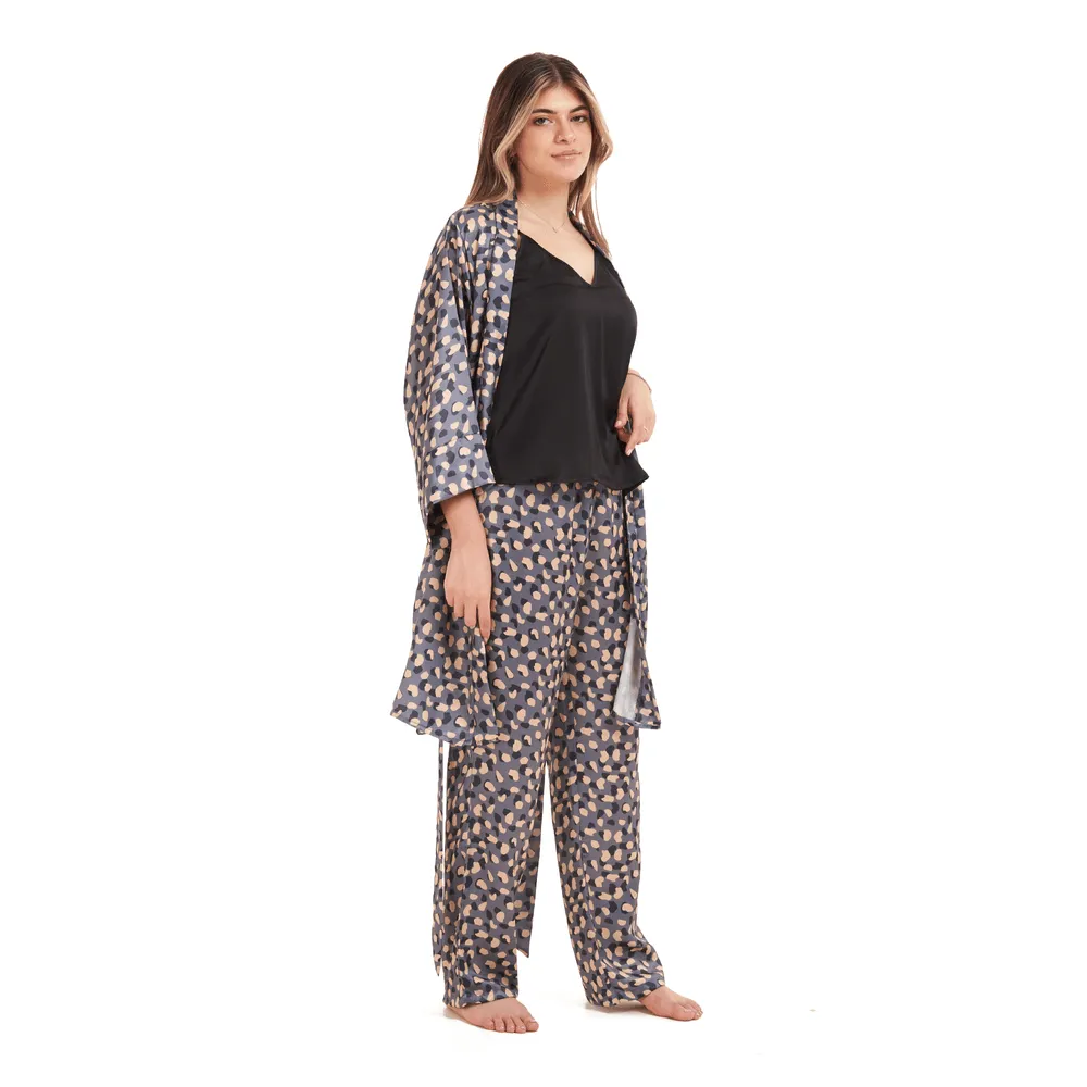 Women Summer satin 3 piece pajama set  Black Top   Black x beige dots kimono & Pants