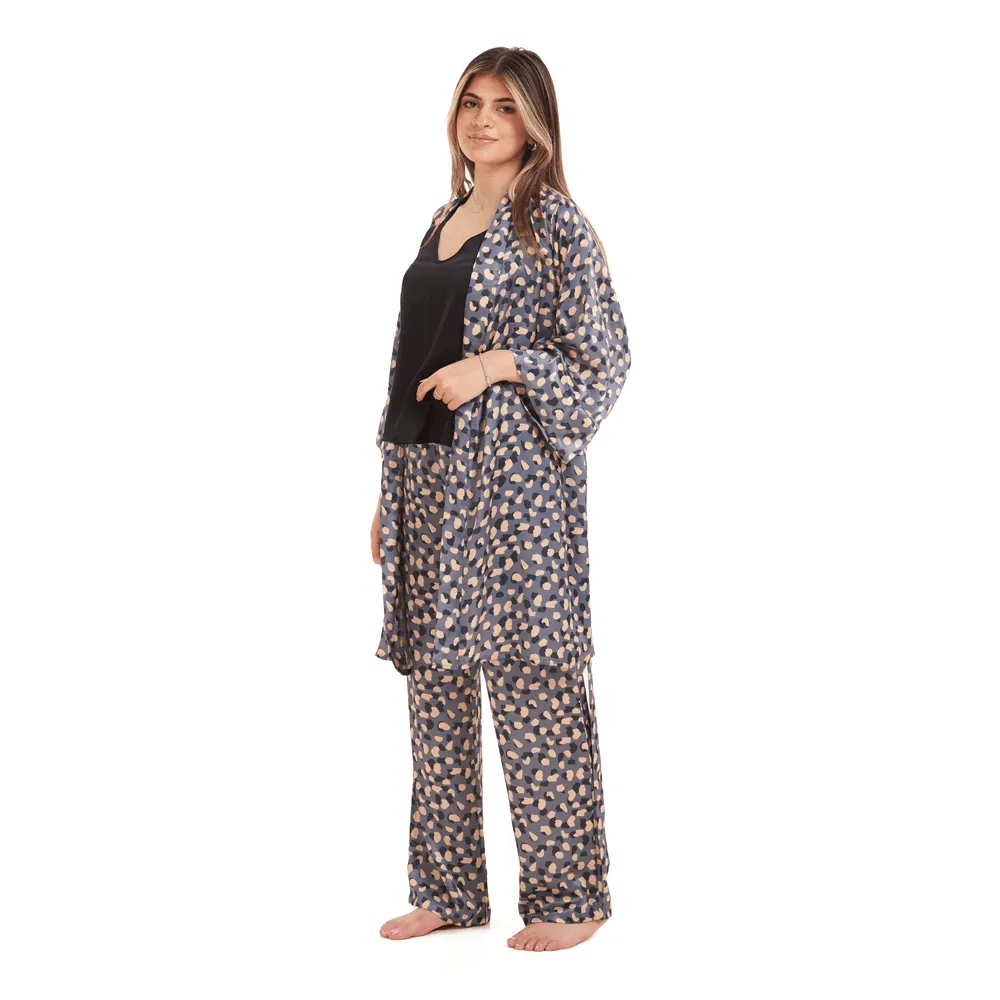 Women Summer satin 3 piece pajama set  Black Top   Black x beige dots kimono & Pants