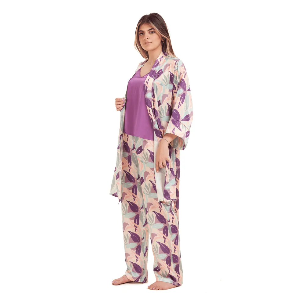 Women Summer satin 3 piece pajama set  Purple Top  Purple x Pistache leaves kimono & Pants