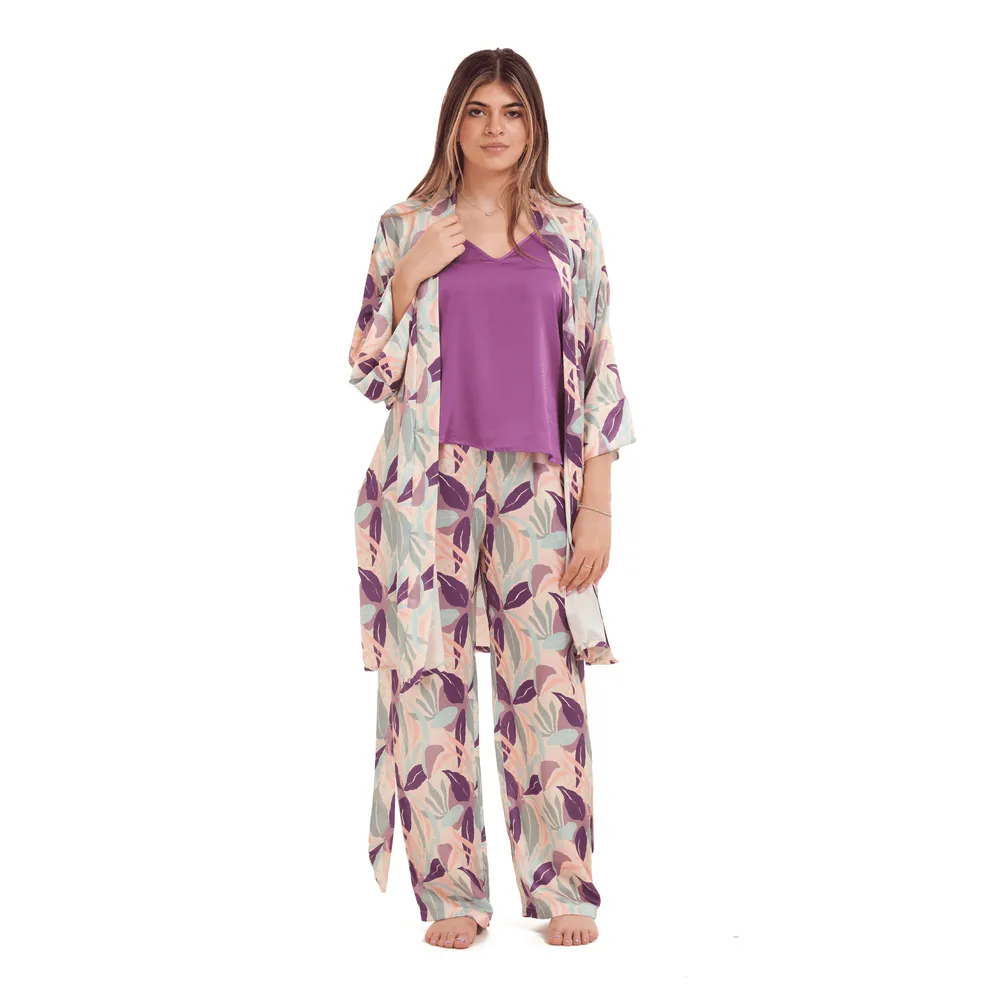 Women Summer satin 3 piece pajama set  Purple Top  Purple x Pistache leaves kimono & Pants