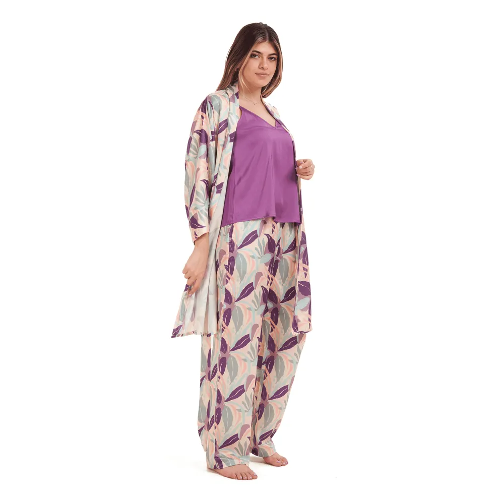 Women Summer satin 3 piece pajama set  Purple Top  Purple x Pistache leaves kimono & Pants