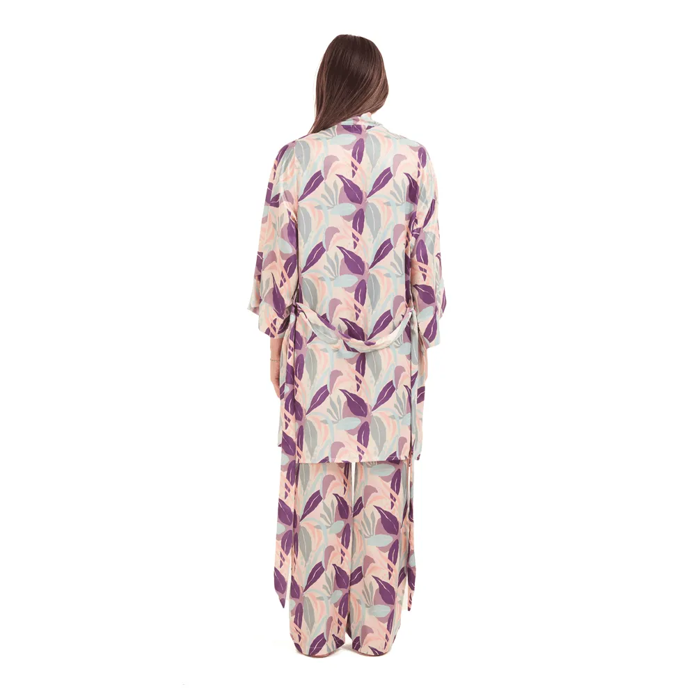 Women Summer satin 3 piece pajama set  Purple Top  Purple x Pistache leaves kimono & Pants