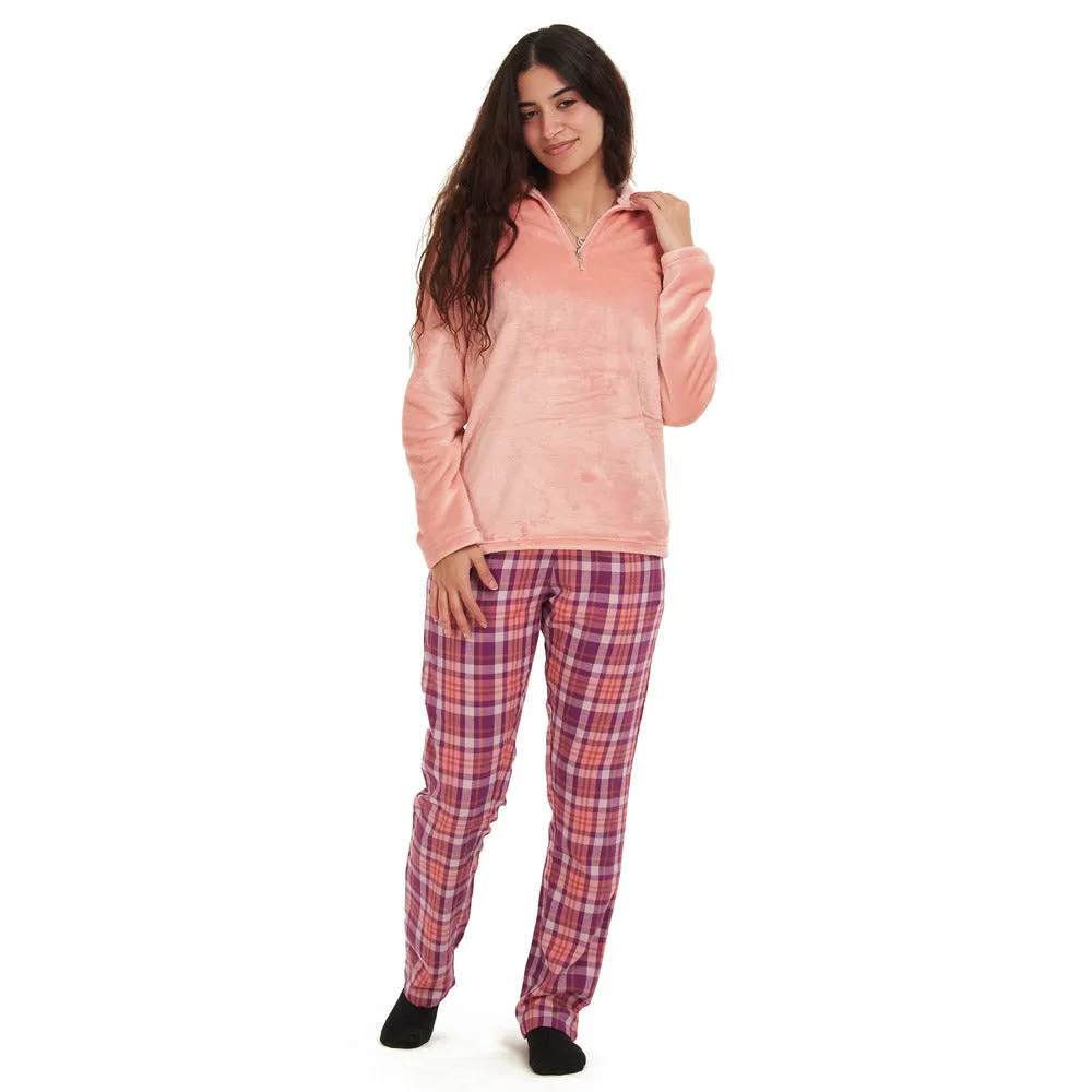 Women Winter Pajama Set Rose sweatshirt   Purple x Rose Checkered pants