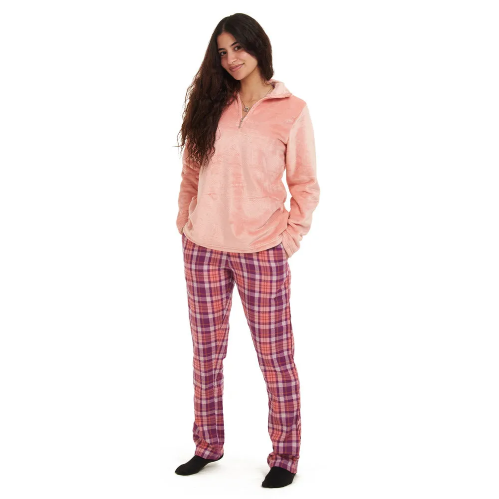 Women Winter Pajama Set Rose sweatshirt   Purple x Rose Checkered pants