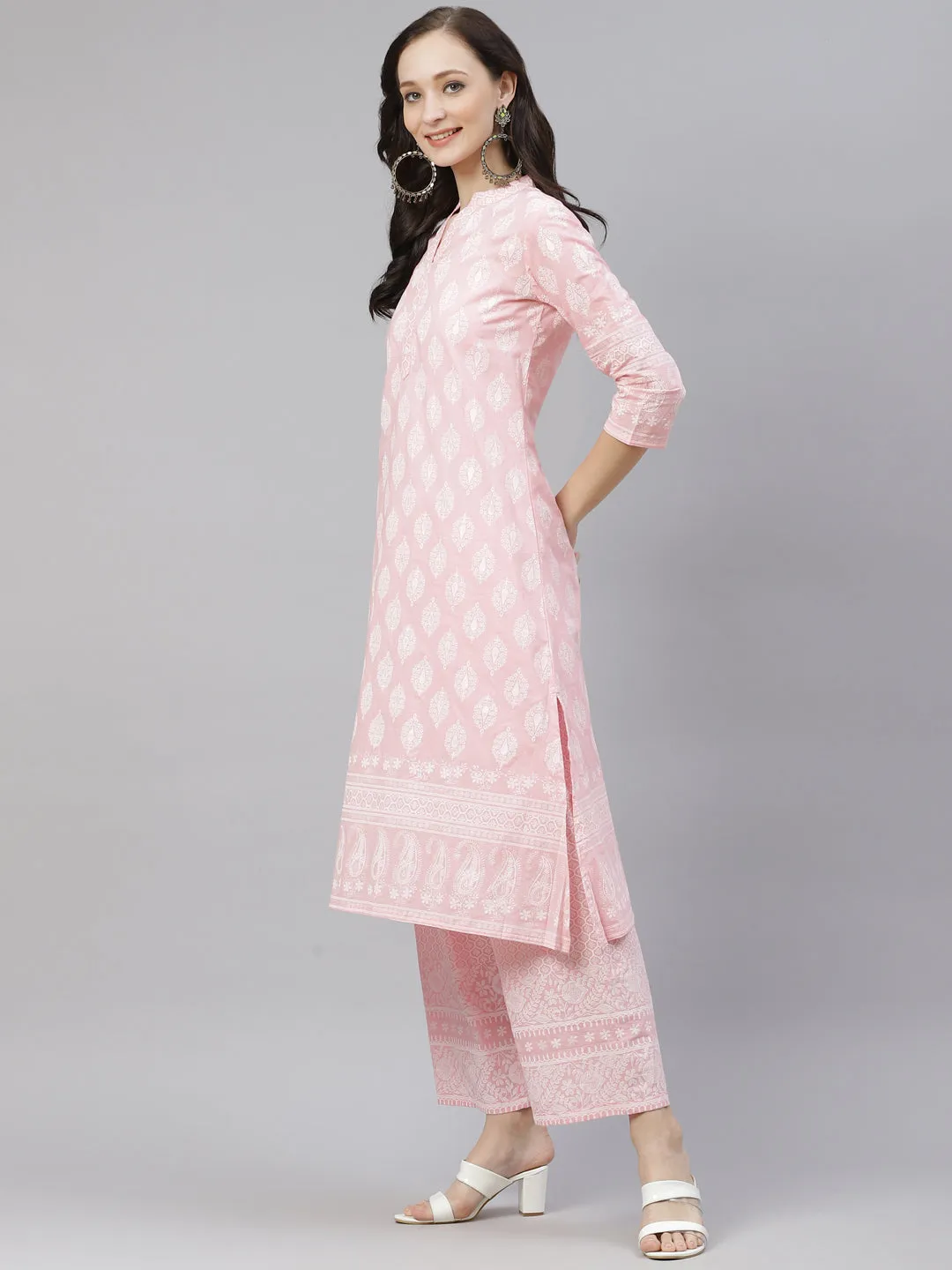 Women'S Baby Pink Cotton Kurta Palazzo  Set