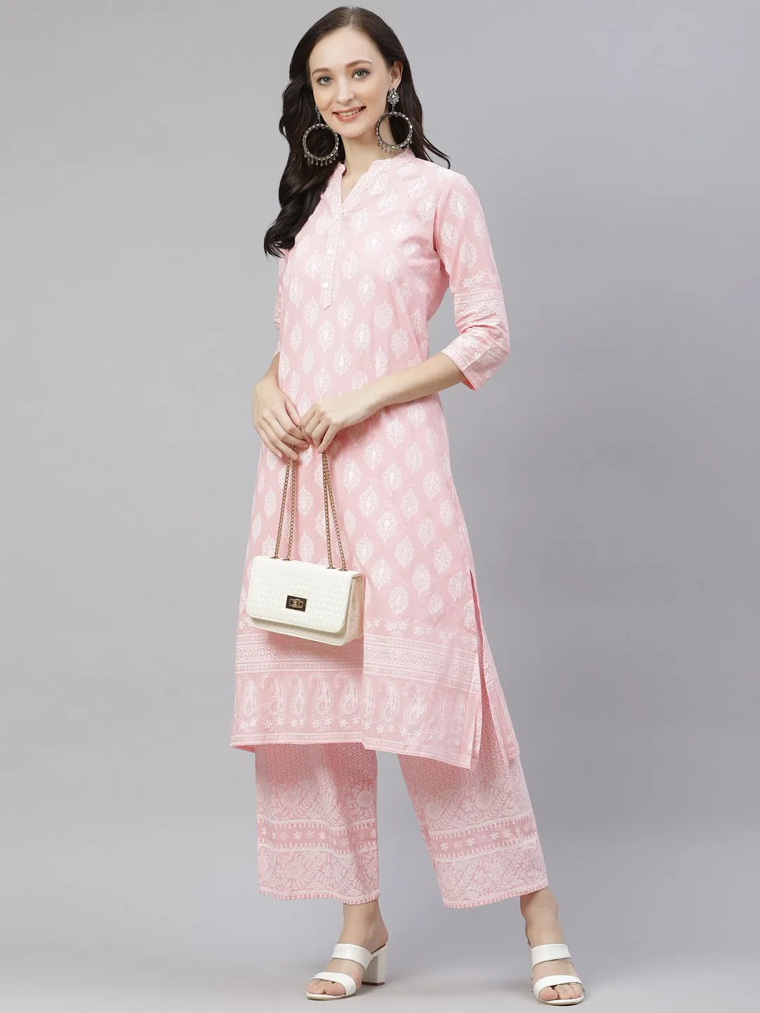 Women'S Baby Pink Cotton Kurta Palazzo  Set