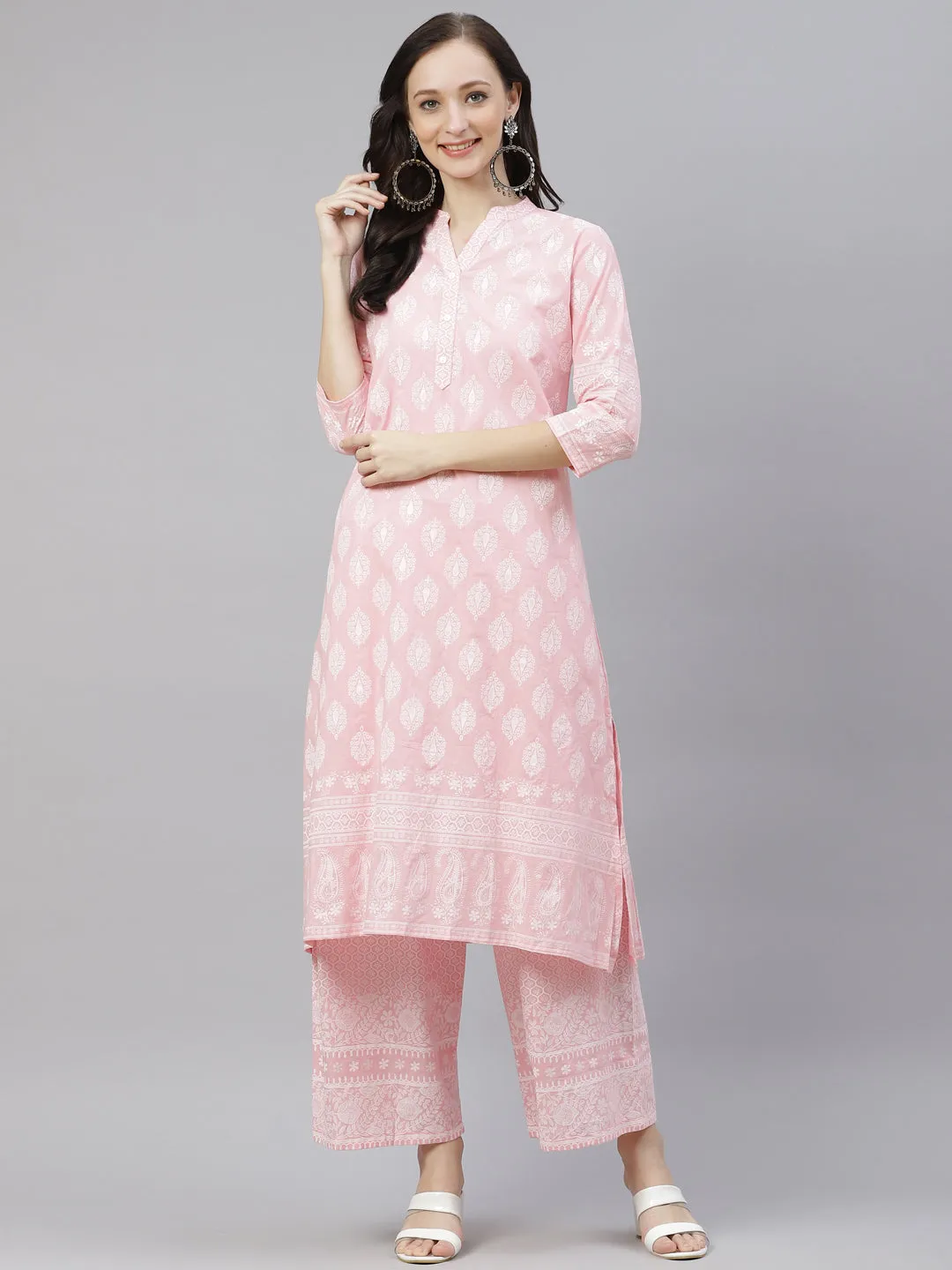 Women'S Baby Pink Cotton Kurta Palazzo  Set