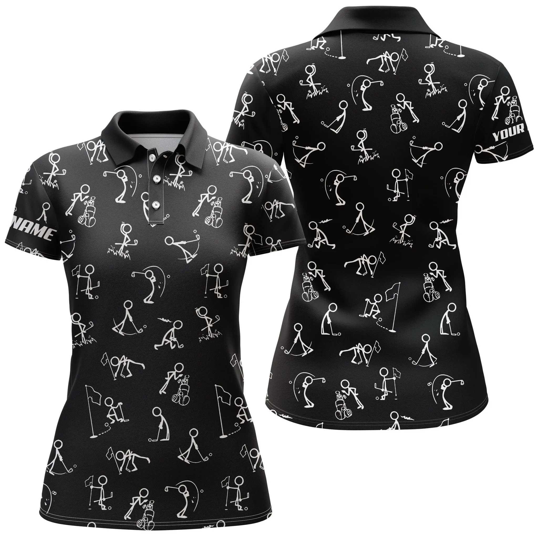 Womens Golf Polo Shirts Custom Name Funny Golf Pattern, Black Women Polo Shirt