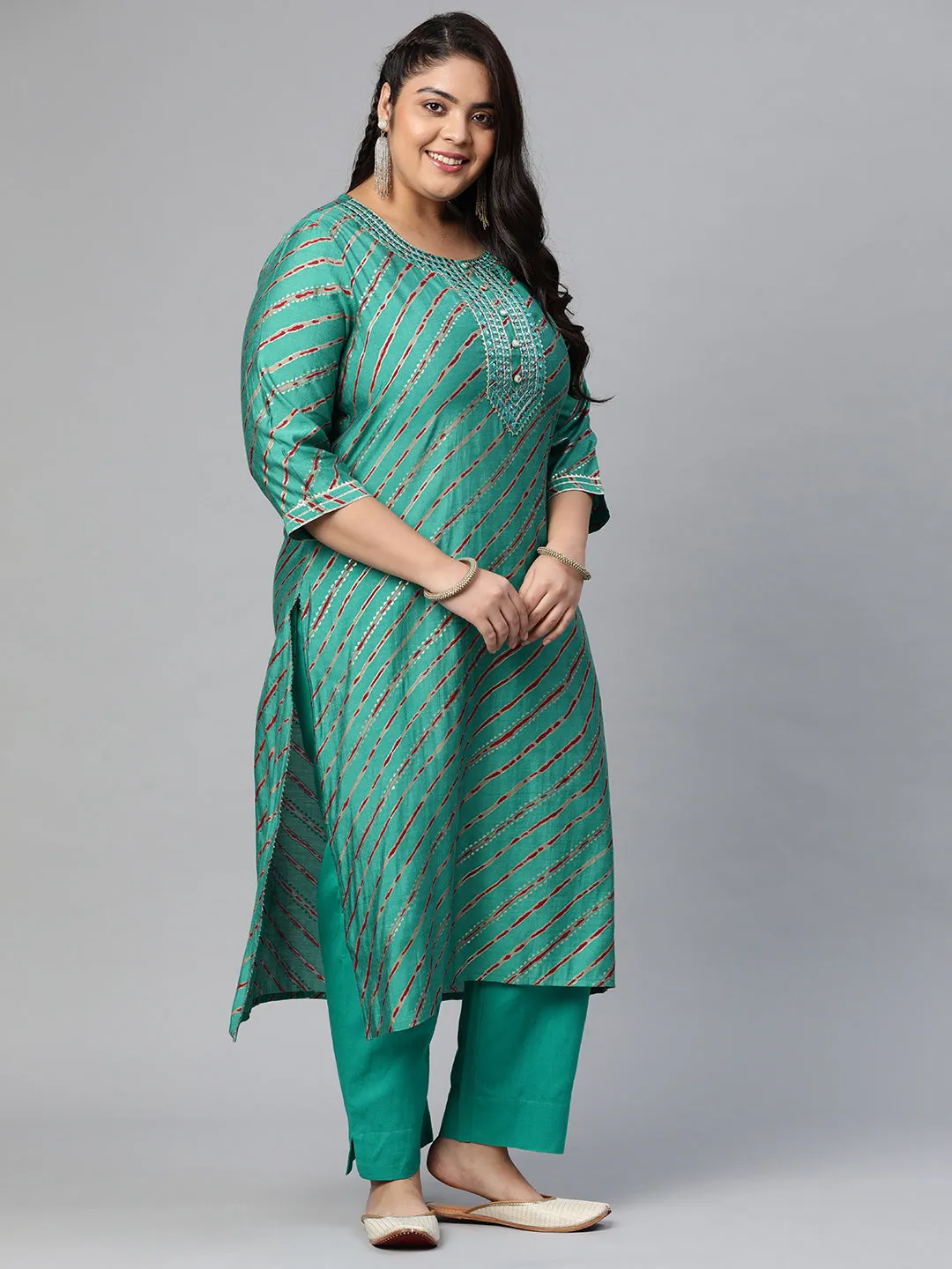 Women'S Green Lahariya Kurta With Cotton Flex Pant Set