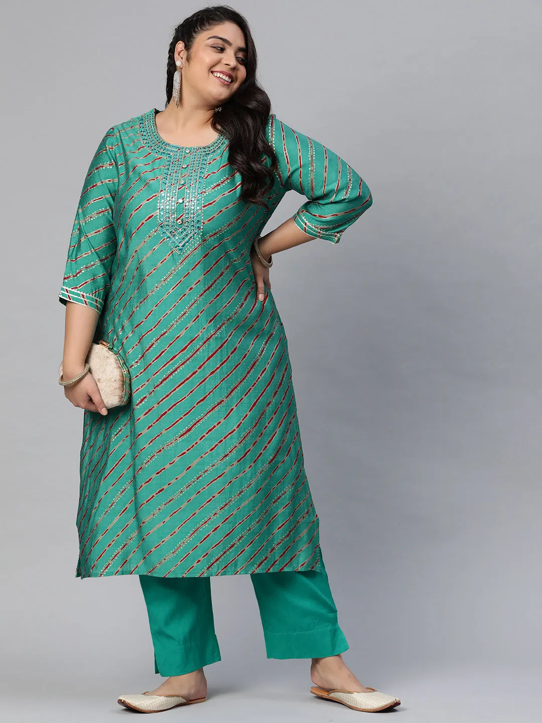 Women'S Green Lahariya Kurta With Cotton Flex Pant Set