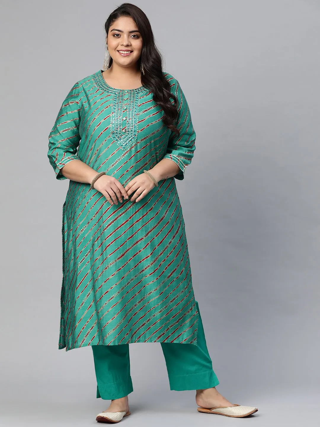 Women'S Green Lahariya Kurta With Cotton Flex Pant Set