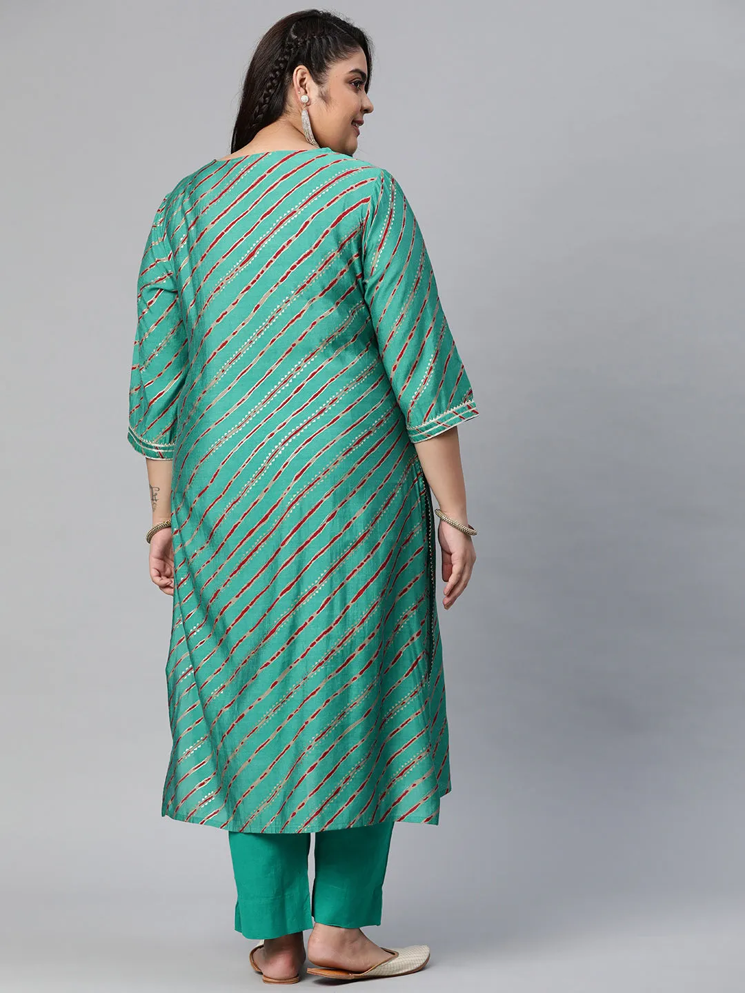 Women'S Green Lahariya Kurta With Cotton Flex Pant Set