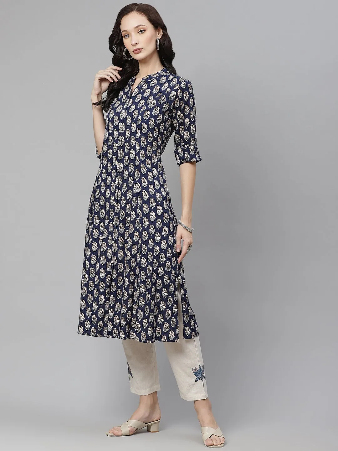 Women'S Indigo Blue Buti Print A-Line Rayon Kurta