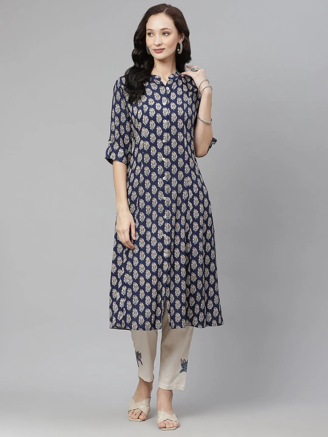 Women'S Indigo Blue Buti Print A-Line Rayon Kurta