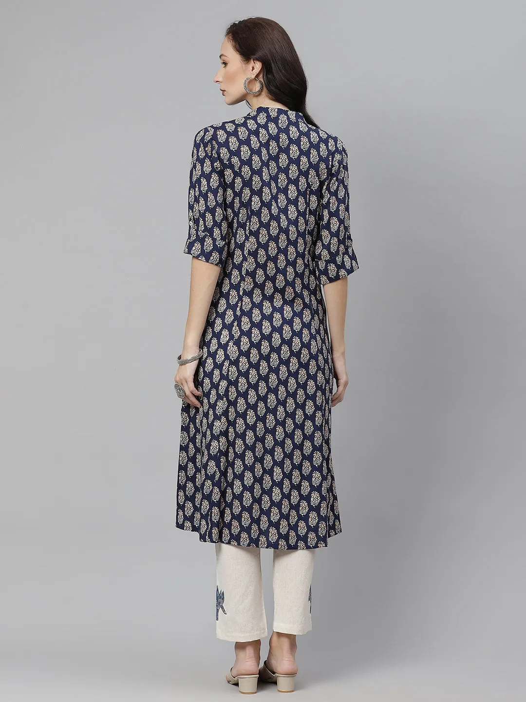 Women'S Indigo Blue Buti Print A-Line Rayon Kurta