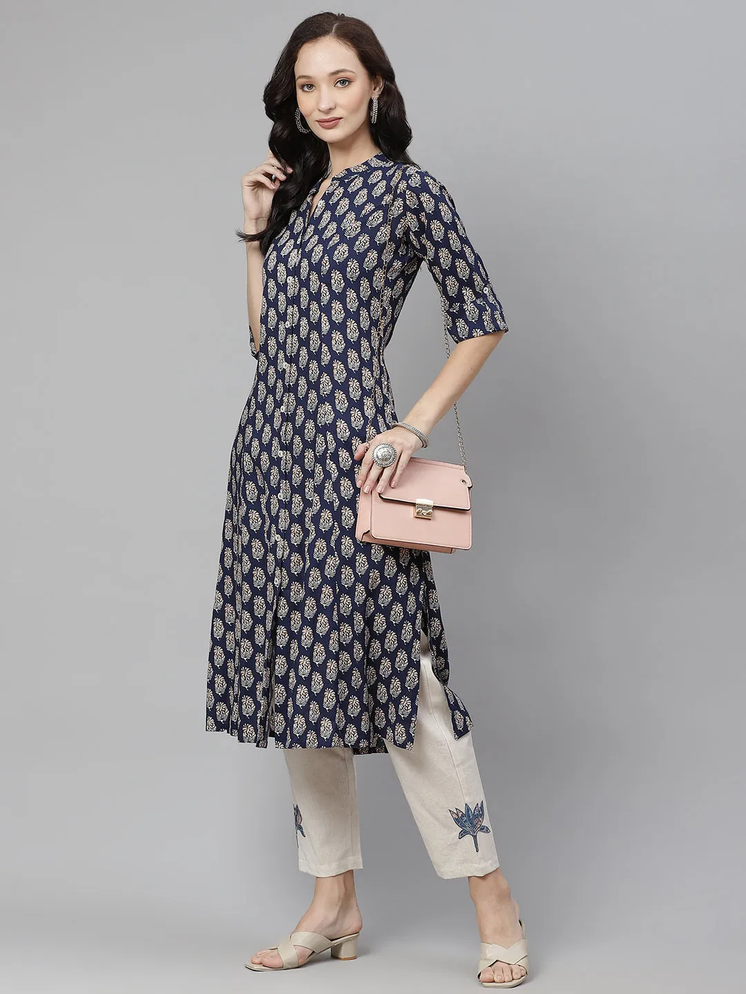 Women'S Indigo Blue Buti Print A-Line Rayon Kurta