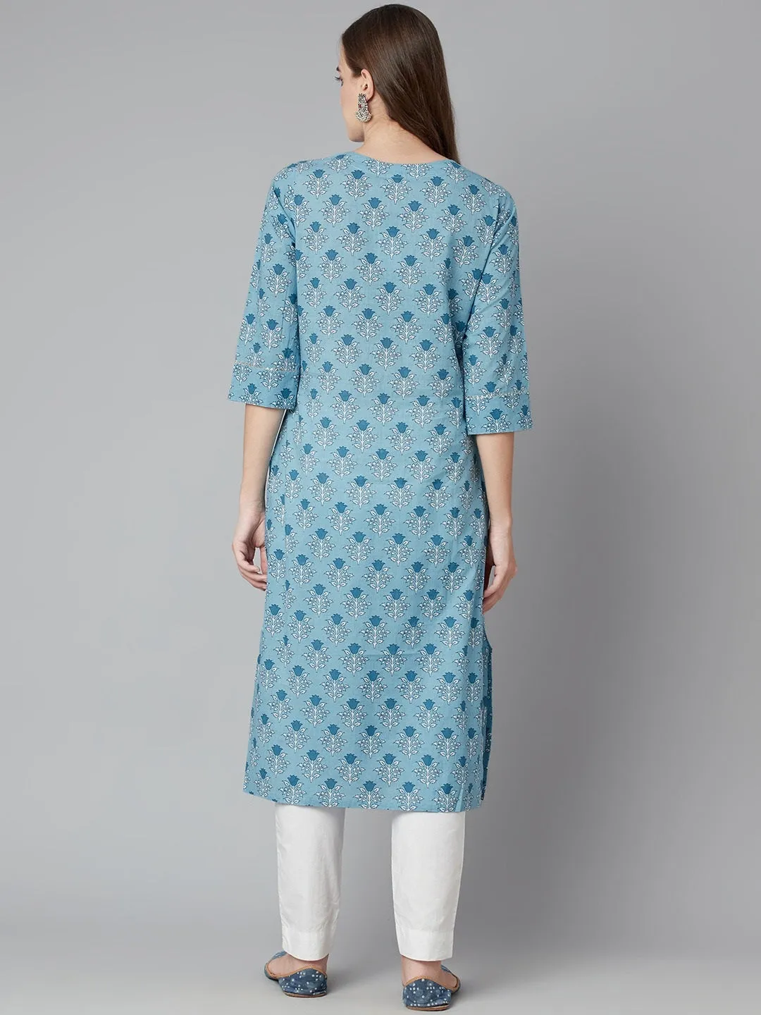 Women'S Sky Blue Floral Straight Kurta