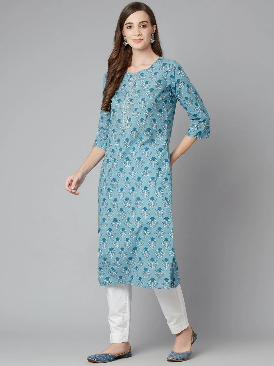 Women'S Sky Blue Floral Straight Kurta