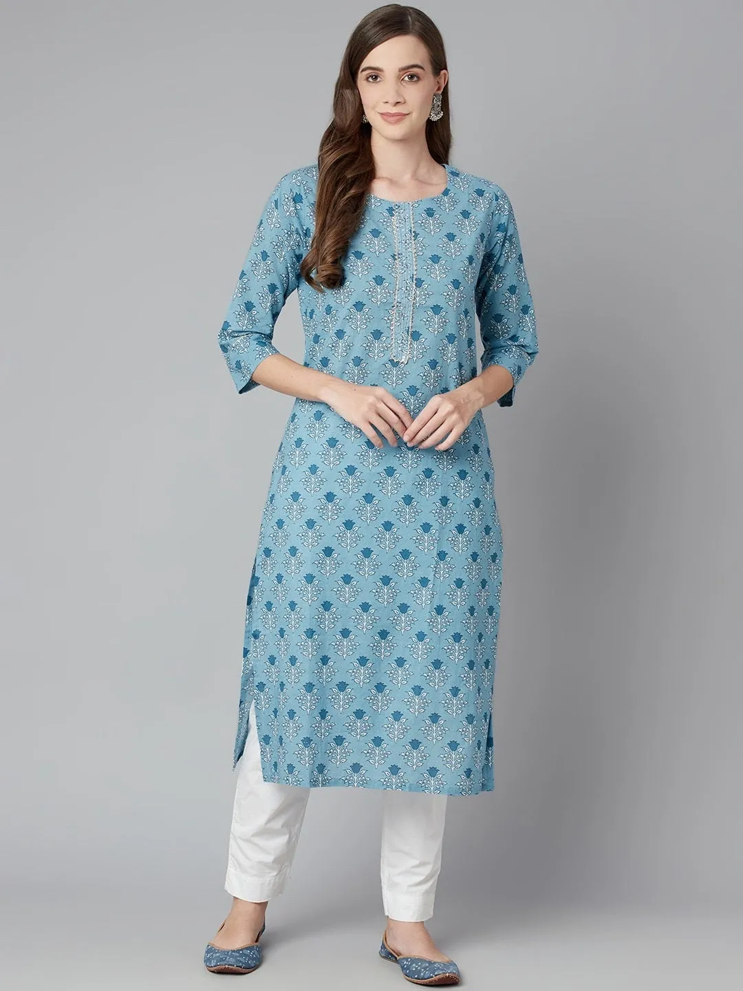 Women'S Sky Blue Floral Straight Kurta