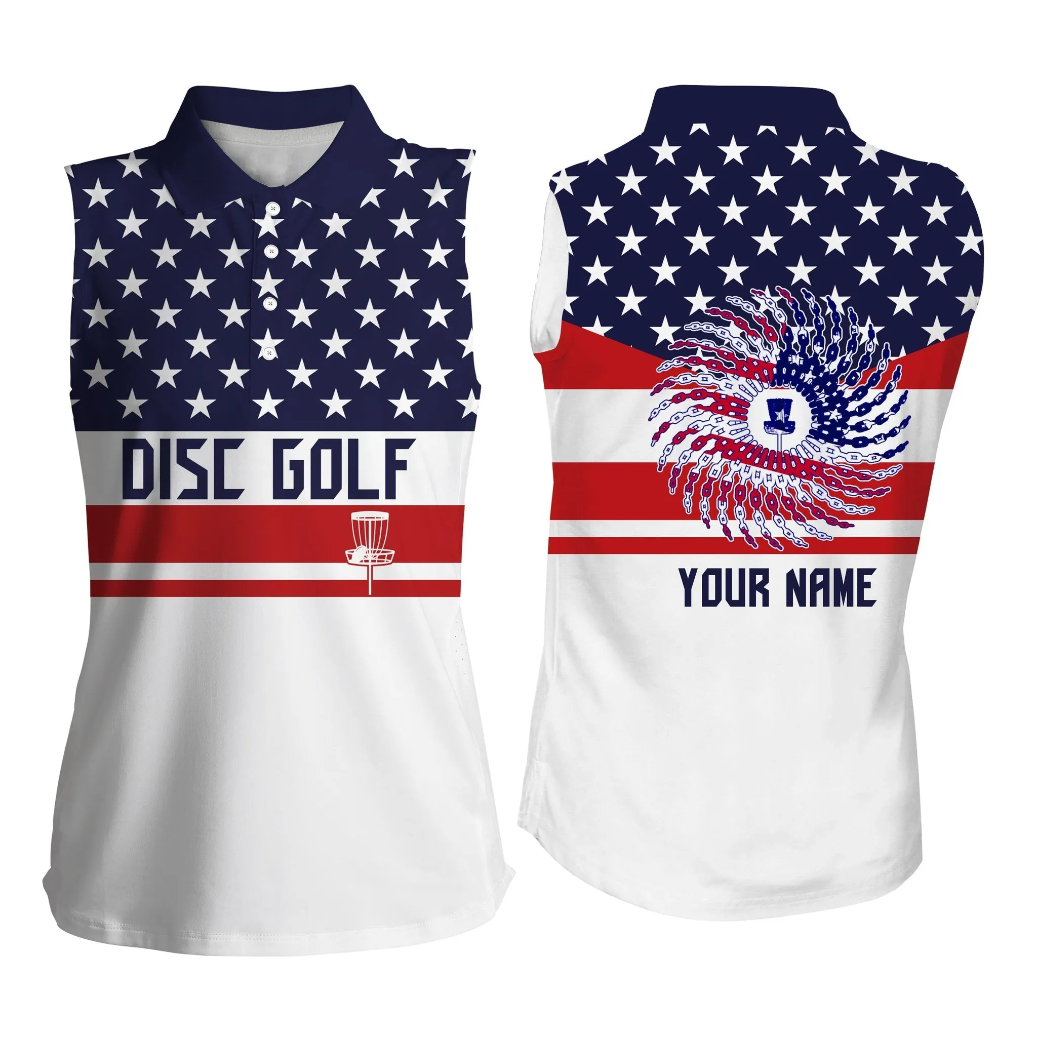 Womens sleeveless disc golf polo shirts blue camo name disc golf team shirt, disc golf gifts