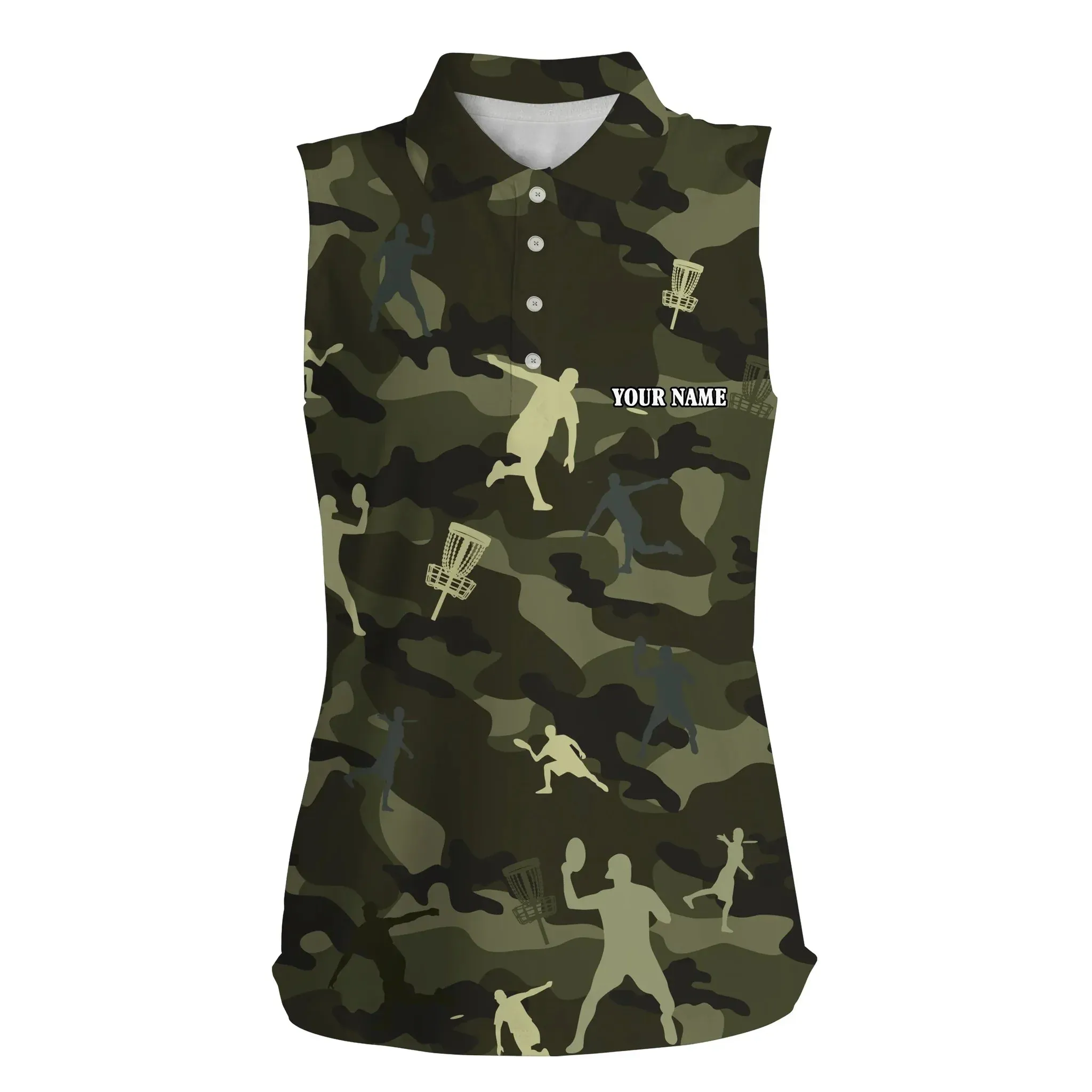 Womens sleeveless disc golf polo shirts blue camo name disc golf team shirt, disc golf gifts