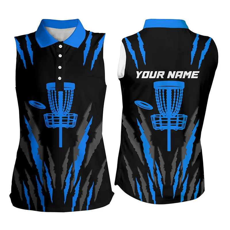 Womens sleeveless disc golf polo shirts blue camo name disc golf team shirt, disc golf gifts