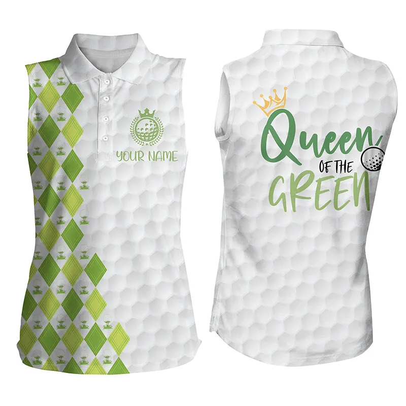 Women's sleeveless golf polo shirt Queen of the green custom funny white and green leopard golf shirt