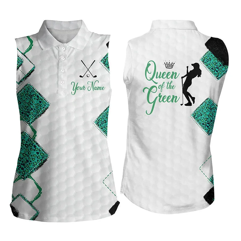 Women's sleeveless golf polo shirt Queen of the green custom funny white and green leopard golf shirt