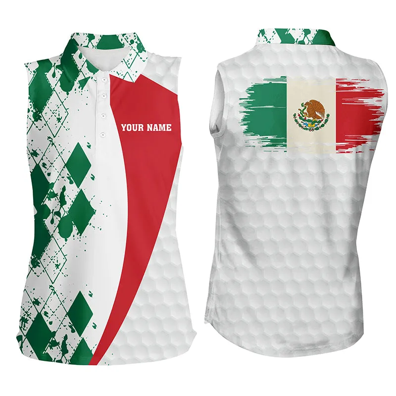 Womens Sleeveless Polo Shirt Custom Mexico Flag Green Argyle Pattern White Golf Ball Womens Tops