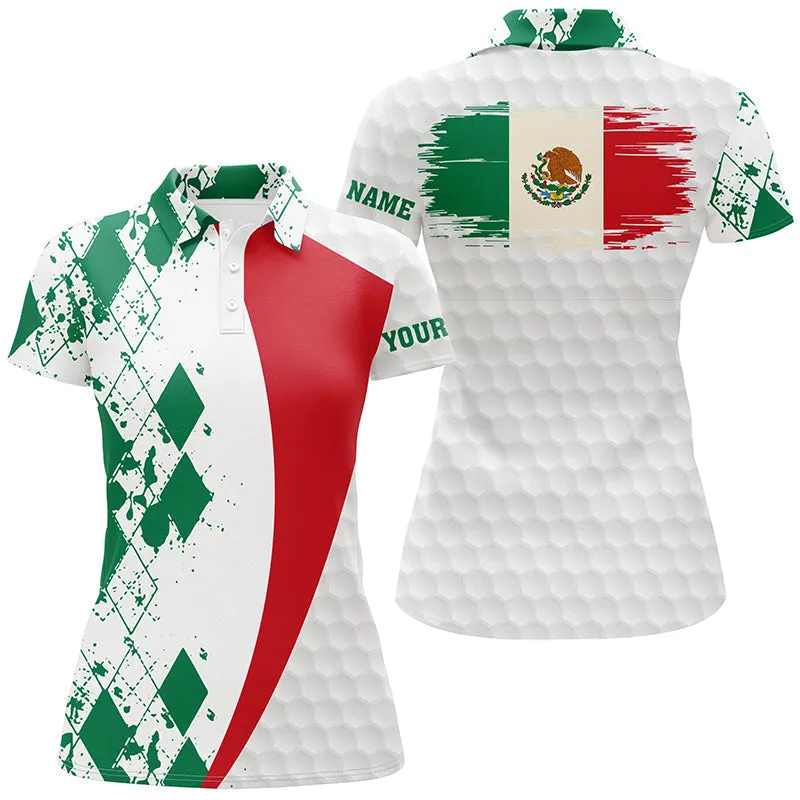 Womens Sleeveless Polo Shirt Custom Mexico Flag Green Argyle Pattern White Golf Ball Womens Tops