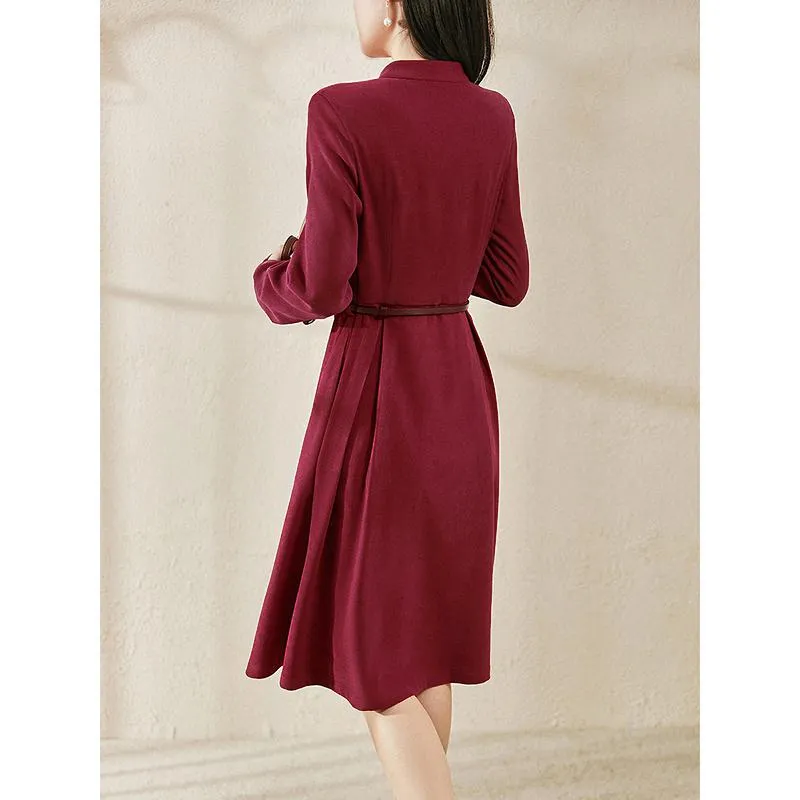 Wood Ear Stand-Up Collar Waist Belt Symmetrical Dress